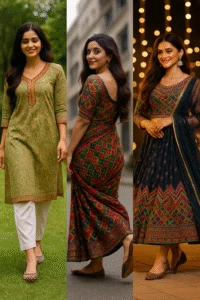 Women's embroidered khussa juttis styled with green kurti and white pants, red Anarkali dress, and navy Anarkali suit, showcasing traditional ethnic shoes for casual and festive wear