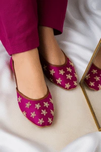 Magenta floral embroidered khussa shoes for women with gold detailing and brown trim, traditional Pakistani footwear for weddings and festive wear