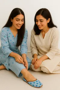 Blue floral embroidered khussa shoes for women, handcrafted traditional Pakistani footwear ideal for weddings, Eid, and festive ethnic wear