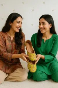 Green embroidered khussa shoes for women, traditional Pakistani footwear styled with festive salwar kameez, ideal for weddings, Eid, and cultural celebrations