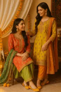 Traditional handcrafted yellow khussa shoes for women, styled with festive ethnic wear and marigold decor—perfect for weddings, Eid, and cultural celebrations.