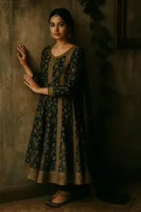 Elegant navy blue and gold embroidered khussa shoes styled with traditional ethnic wear, ideal for weddings, festive occasions, and luxury fashion shoots.