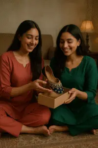Traditional embroidered khussa shoes in navy blue and gold worn at a festive event, paired with ethnic attire for a formal celebration.