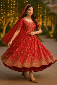 Handcrafted red khussa shoes paired with a traditional bridal dress featuring gold embroidery, captured in a festive setting with warm lights—ideal for wedding wear, ethnic footwear, and luxury Pakistani fashion.