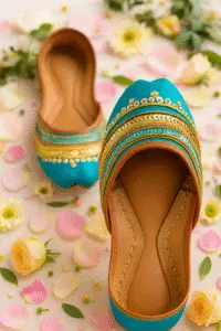 Turquoise bridal khussa shoes with golden embroidery, styled with flower petals and festive accessories for traditional Pakistani wedding fashion.