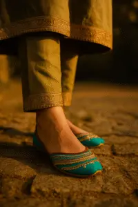 Blue embroidered khussa shoes with golden threadwork, worn with green ethnic trousers on a rustic cobblestone path—perfect for traditional Pakistani fashion and festive wear.