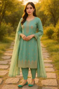 Teal khussa shoes with gold embroidery worn with mint green embroidered salwar kameez, styled in a lush outdoor setting—ideal for Pakistani bridal wear, Eid fashion, and traditional ethnic footwear.