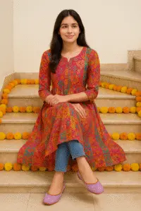 Traditional handcrafted khussa shoes in vibrant purple, styled with ethnic wear on marigold-decorated stairs for festive fashion photography.