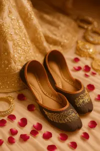 Traditional bridal khussa shoes in brown with gold embroidery, styled with rose petals and gold jewelry for festive ethnic wear and wedding fashion.