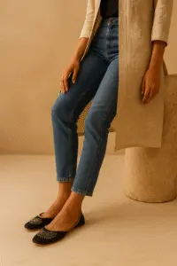 Elegant black embroidered khussa shoes for women styled with jeans and a beige cardigan, perfect for casual ethnic fashion and everyday wear.