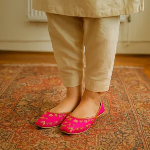 Handcrafted pink khussa shoes with intricate gold embroidery, styled on a patterned rug with beige ethnic wear—perfect for bridal, festive, or traditional fashion looks.