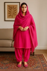 Bright pink floral khussa shoes paired with traditional Pakistani attire, styled indoors on a patterned rug—ideal for bridal fashion, festive wear, and ethnic footwear lovers.