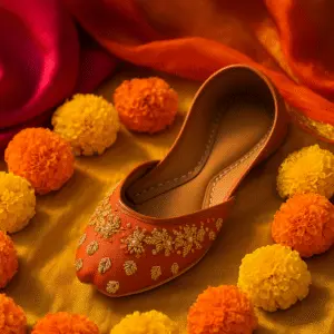 Traditional orange khussa shoe with gold embroidery, surrounded by marigold flowers on a vibrant festive fabric background — ideal for wedding wear, ethnic fashion, and handcrafted footwear lovers.