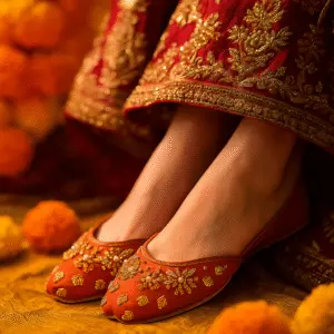 Close-up of orange embroidered khussa shoes paired with a red traditional outfit, featuring gold threadwork and festive pom-pom decor — ideal for bridal wear, mehndi looks, and ethnic fashion styling.
