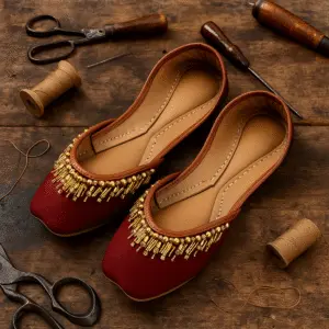 Handcrafted maroon khussa shoes with golden beadwork, traditional ethnic footwear for women, displayed with artisan tools on wooden background