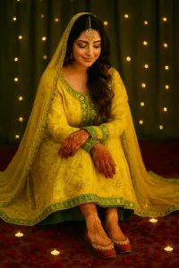 Bridal khussa shoes worn with henna-decorated feet, traditional South Asian attire, rose petals and candles in festive wedding setting