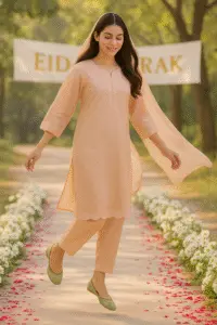 Elegant handcrafted peach khussa shoes for Eid celebrations, styled with traditional attire and floral outdoor decor