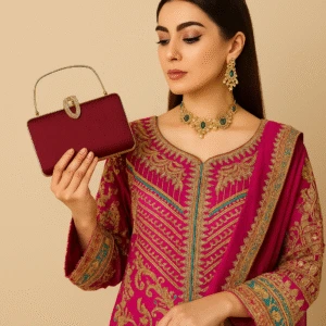 Woman in traditional magenta embroidered outfit with gold and turquoise detailing, holding maroon handbag with gold clasp and wearing green gemstone jewelry