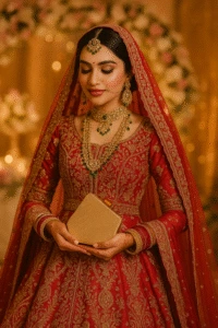 Luxury bridal clutch for South Asian weddings – red and gold embroidered handbag held by bride in traditional attire, perfect for festive and ceremonial occasions