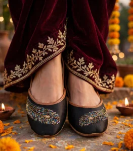 Beaded khussa for women worn with burgundy velvet lehenga