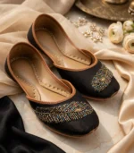Beaded khussa for women luxury flatlay with bridal jewelry