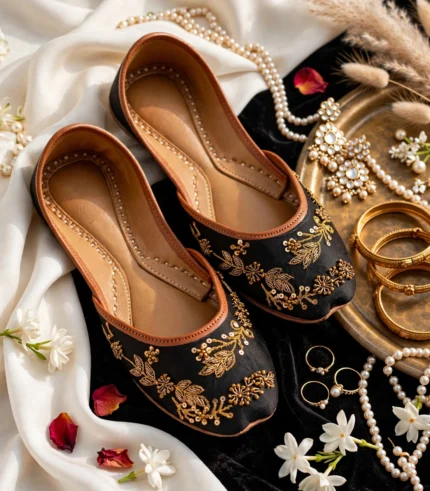 Black Khussa for Women flatlay with gold jewelry