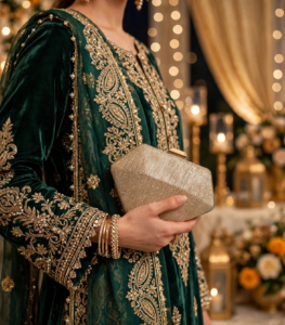 Bride in green velvet outfit holding gold bridal clutch bag Pakistan