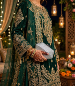Bride with mehndi holding silver bridal clutch bag Pakistan
