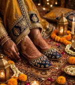 Bridal khussa for women at a mehndi night with henna hands, marigold flowers, and brass diyas