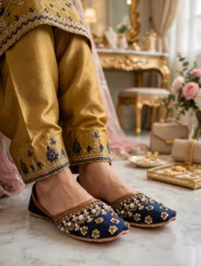 Bridal khussa for women in navy blue with pearl and gold embroidery, styled with a gold silk bridal outfit
