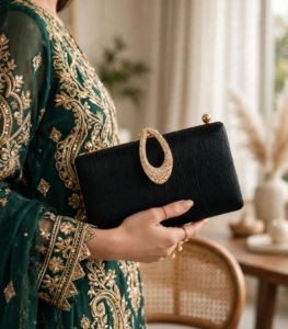 Woman carrying black bridal party clutch bag paired with green embroidered outfit
