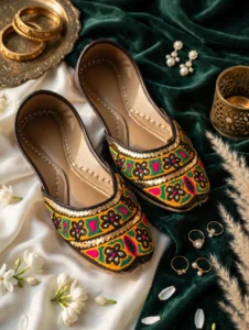 Embroidered Khussa For Women flatlay styled with bridal jewellery on velvet