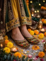 Embroidered Khussa For Women worn at mehndi function with marigold flowers and diyas
