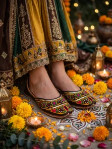 Embroidered Khussa For Women worn at mehndi function with marigold flowers and diyas