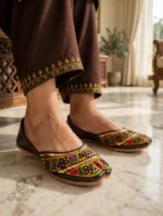 Embroidered Khussa For Women in brown leather with gold gota embroidery detail