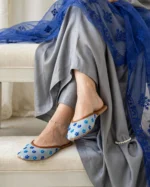Flat khussa shoes for women paired with grey formal shalwar kameez