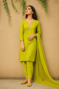 Woman wearing neon green khussa with matching green lawn suit