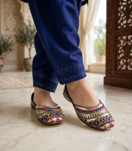 Handmade khussa shoes for women styled with navy blue traditional outfit