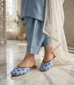 Khussa flat sole shoes with blue embroidery and pearl detailing
