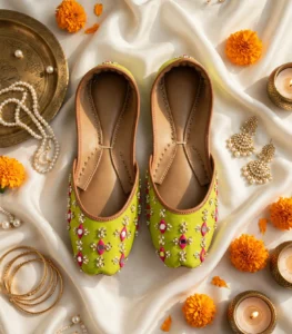 Lime green bridal khussa with pearl mirror work styled with gold jewelry flatlay