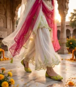 Bride walking in lime green bridal khussa at Mughal courtyard wedding venue