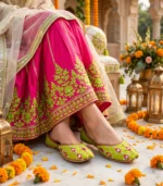 Lime green bridal khussa paired with pink and green embroidered bridal lehenga