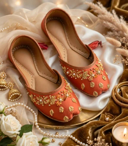 Luxury rust bridal khussa styled with gold jewelry