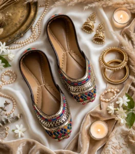 Luxury bridal khussa shoes flatlay with pearls, bangles and jhumka earrings