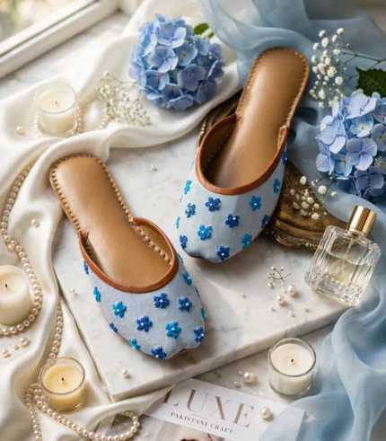 Luxury khussa editorial flat lay showcasing Pakistani handcrafted footwear