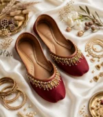 Maroon velvet khussa Pakistan with gold beadwork and bridal jewelry