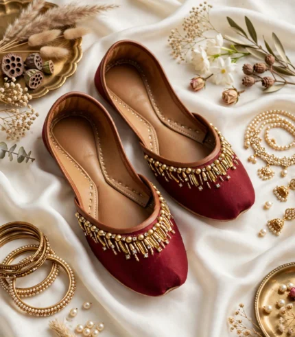 Maroon velvet khussa Pakistan with gold beadwork and bridal jewelry