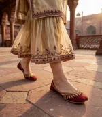 Maroon velvet khussa Pakistan worn outdoors with traditional dress