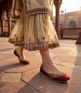 Maroon velvet khussa Pakistan worn outdoors with traditional dress