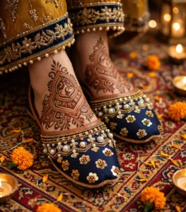 Mehndi khussa for women with henna-decorated feet, navy blue pearl-embellished bridal shoes on a traditional rug